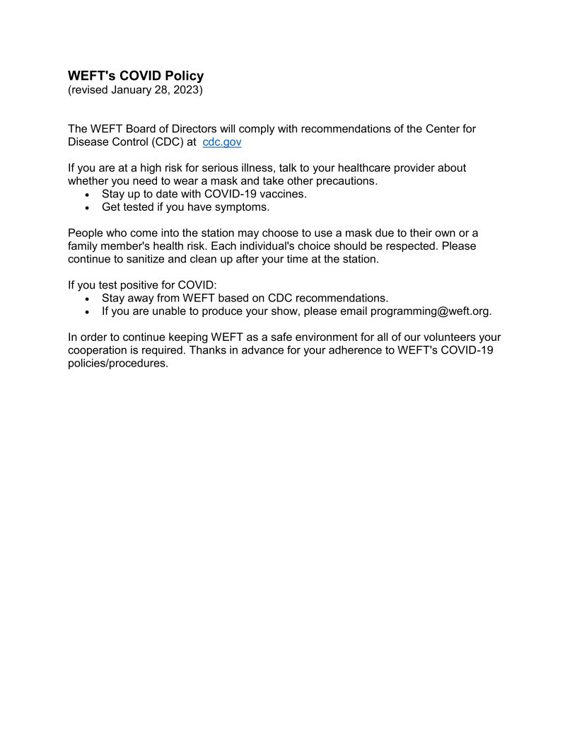 Revised WEFT COVID Policy